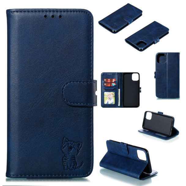 Embossed Happy Cat Pattern Horizontal Flip Leatherette Case with Holder & Card Slots & Wallet - iPhone 13 Pro(Blue)