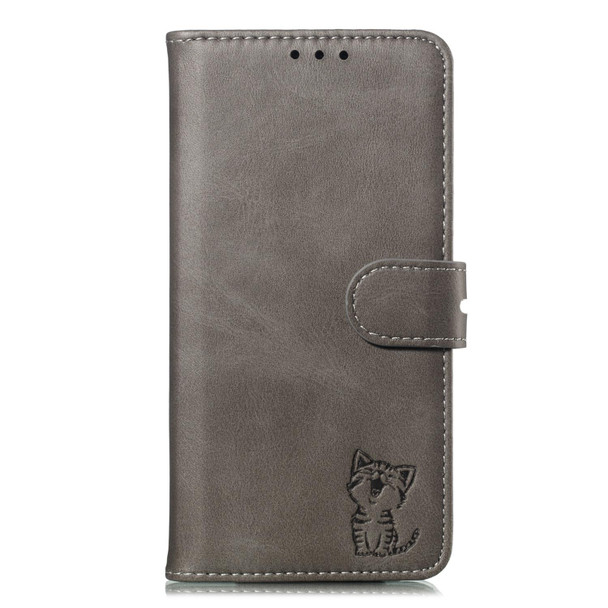 Embossed Happy Cat Pattern Horizontal Flip Leatherette Case with Holder & Card Slots & Wallet - iPhone 13 Pro(Grey)