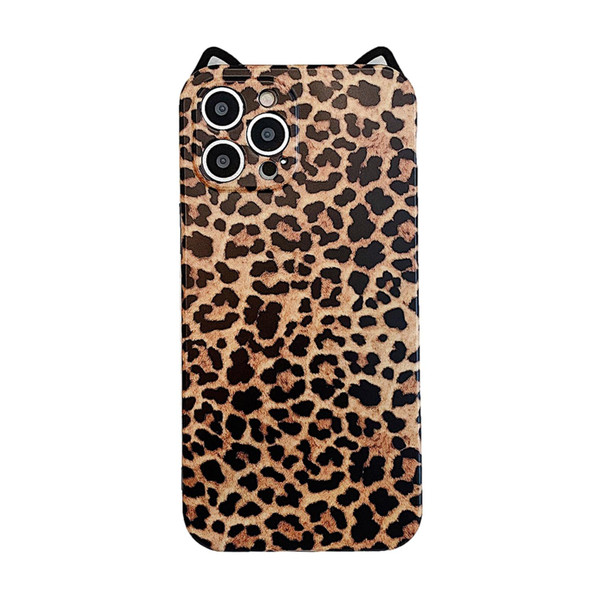 Cat Ear Leopard Print TPU Straight Edge Protective Case with Lanyard - iPhone 11 Pro Max(Brown)