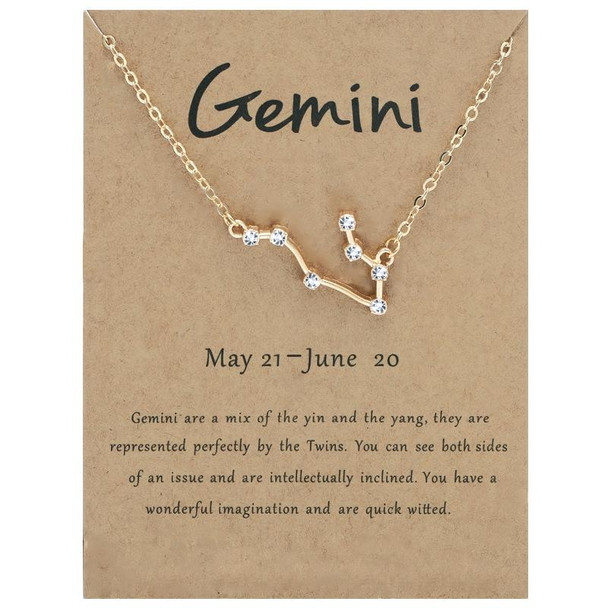 12 Zodiac Signs With Diamonds Necklace Card Rhinestones Collarbone Chain Pendant, Style: Gemini Golden