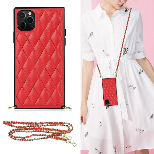 Elegant Rhombic Pattern Microfiber Leatherette +TPU Shockproof Case with Crossbody Strap Chain - iPhone 11 Pro Max(Red)