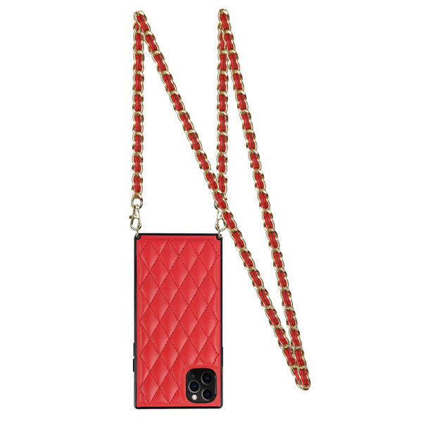 Elegant Rhombic Pattern Microfiber Leatherette +TPU Shockproof Case with Crossbody Strap Chain - iPhone 11 Pro Max(Red)