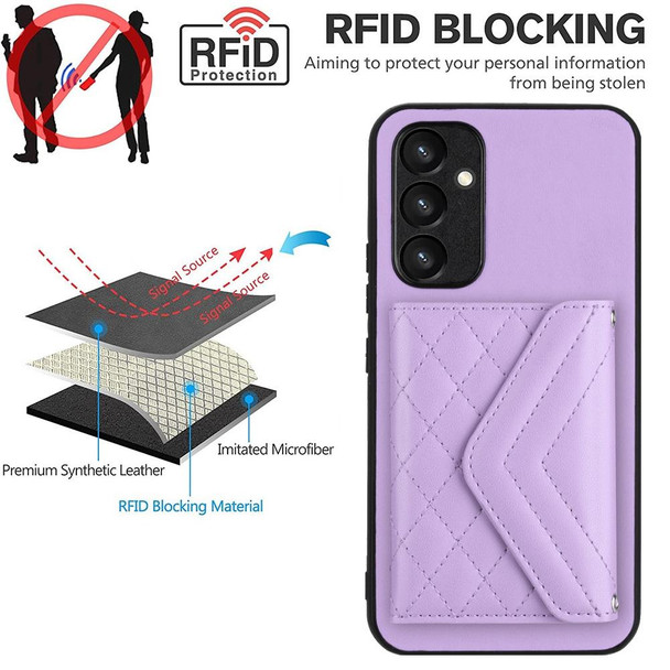 For Samsung Galaxy A54 5G Rhombic Texture Card Bag RFID Phone Case with Long Lanyard(Light Purple)