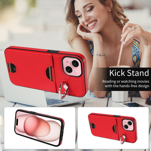 For iPhone 15 Calf Texture Card Slot Ring Holder Phone Case(Red)