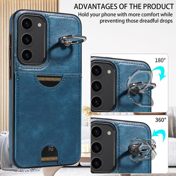 For Samsung Galaxy S23+ 5G Calf Texture Card Slot Ring Holder Phone Case(Blue)