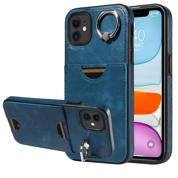 For iPhone 11 Calf Texture Card Slot Ring Holder Phone Case(Blue)