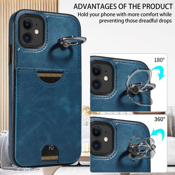 For iPhone 11 Calf Texture Card Slot Ring Holder Phone Case(Blue)