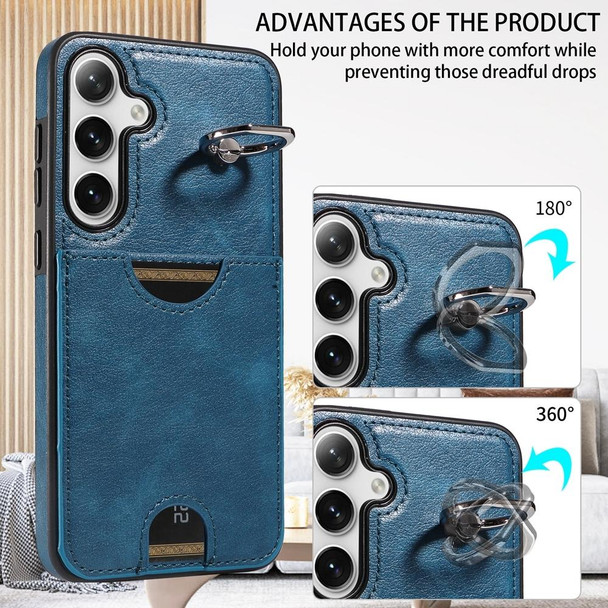 For Samsung Galaxy S24+ 5G Calf Texture Card Slot Ring Holder Phone Case(Blue)