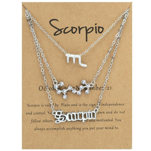 3 In 1 12 Zodiac Signs Necklace Set Retro Alphabet Symbols With Diamonds Jewelry Set, Style: Scorpion Silver