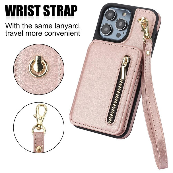 For iPhone SE 2020 / 2020 / 8 / 7 YM006 Skin Feel Zipper Card Bag Phone Case with Dual Lanyard(Rose Gold)