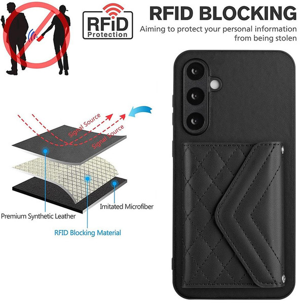 For Samsung Galaxy S23 FE 5G Rhombic Texture Card Bag RFID Phone Case with Long Lanyard(Black)