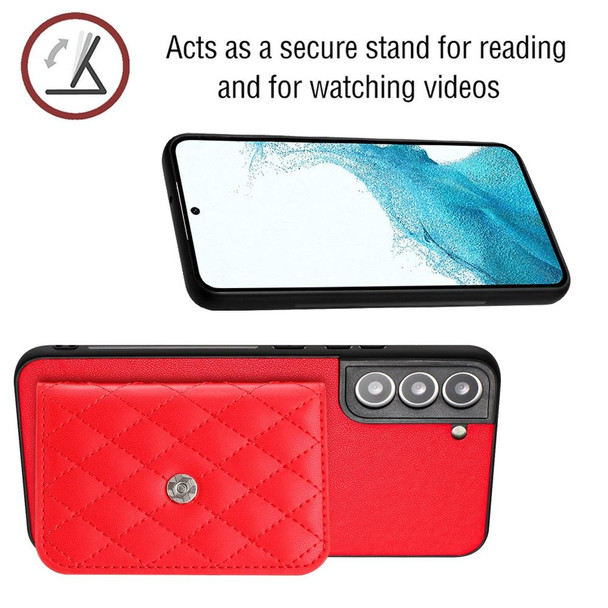 For Samsung Galaxy S22+ 5G Rhombic Texture Card Bag RFID Phone Case with Long Lanyard(Red)