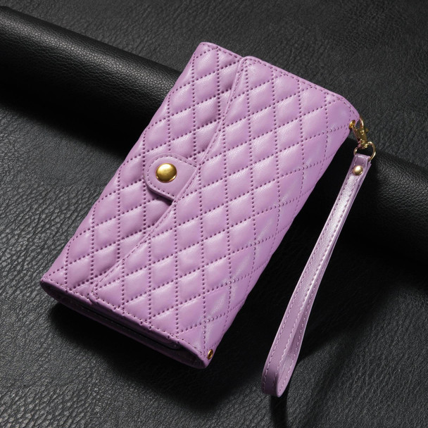 For Samsung Galaxy S21+ 5G Zipper Multi-Card Wallet Rhombic Leather Phone Case(Purple)