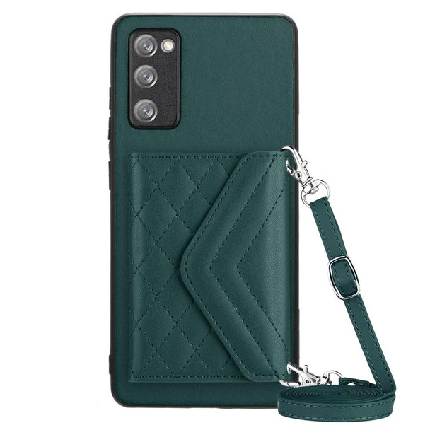 For Samsung Galaxy S20 FE Rhombic Texture Card Bag RFID Phone Case with Long Lanyard(Green)