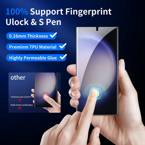 For Samsung Galaxy S24+ 5G 3pcs 0.16mm 9H Nanoglass Fingerprint Unlock Privacy Screen Film with 2pcs Lens Film