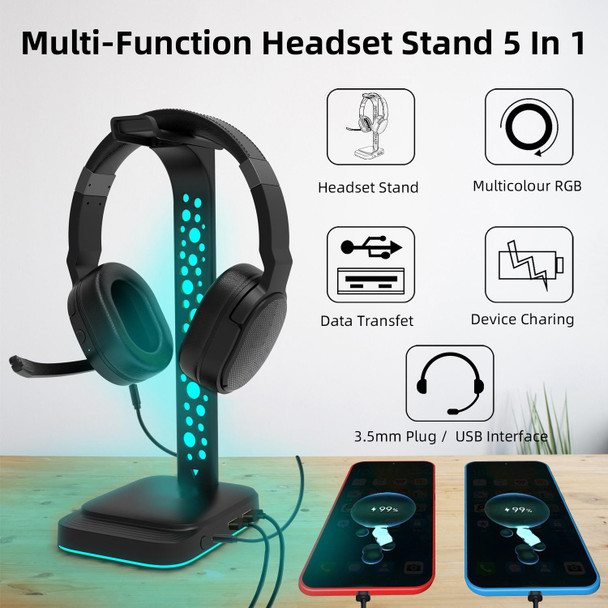 3.5mm Audio RGB Illuminated Headset Holder Dual USB Gaming Headset Display Rack(With Headphone Jack Black)