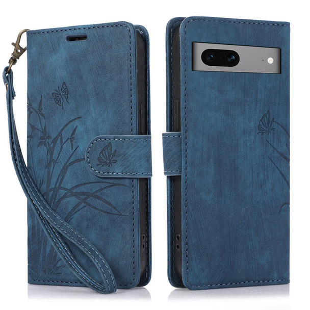 For Google Pixel 8a Orchid Butterfly Embossed Leather Phone Case(Blue)