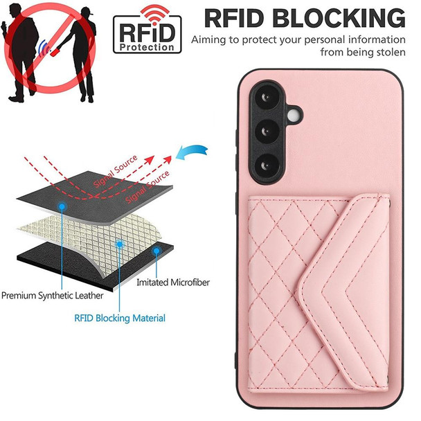 For Samsung Galaxy S23 FE 5G Rhombic Texture Card Bag RFID Phone Case with Long Lanyard(Rose Gold)