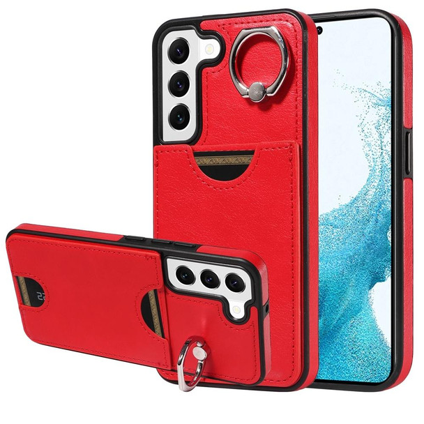 For Samsung Galaxy S22 5G Calf Texture Card Slot Ring Holder Phone Case(Red)