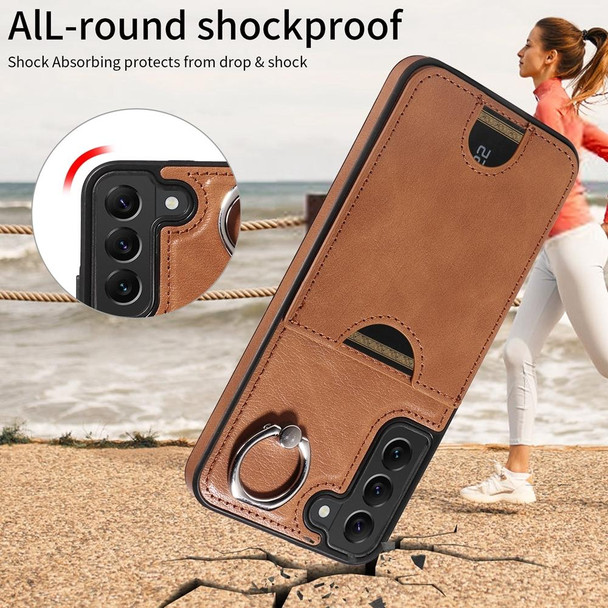 For Samsung Galaxy S22+ 5G Calf Texture Card Slot Ring Holder Phone Case(Brown)