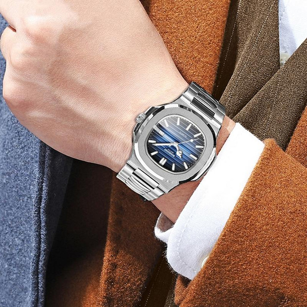 BINBOND B1885 30m Waterproof Retro Luminous Square Men Quartz Watch, Color: White Steel-Blue