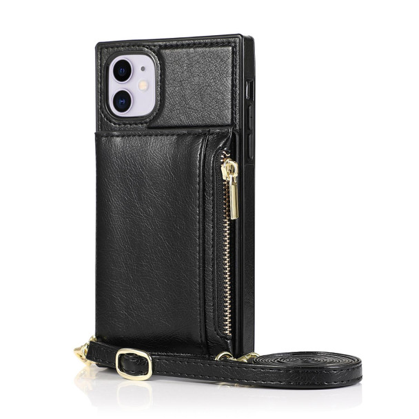 Square Zipper Wallet Bag TPU+PU Back Cover Case with Holder & Card Slots & Wallet & Cross-body Strap - iPhone 11(Black)