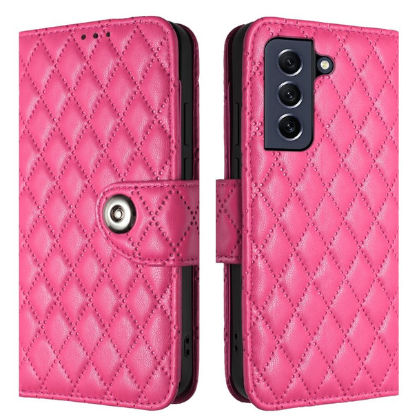 For Samsung Galaxy S21 FE 5G Rhombic Texture Flip Leather Phone Case with Lanyard(Rose Red)