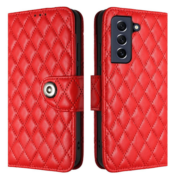 For Samsung Galaxy S21 FE 5G Rhombic Texture Flip Leather Phone Case with Lanyard(Red)