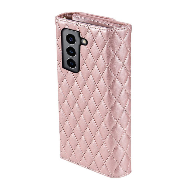 For Samsung Galaxy S21+ 5G Zipper Multi-Card Wallet Rhombic Leather Phone Case(Rose Gold)