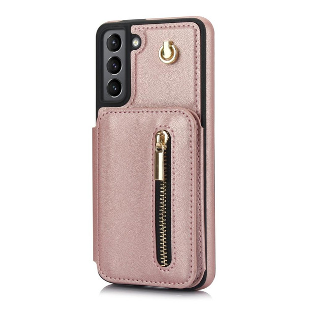 For Samsung Galaxy S21+ 5G YM006 Skin Feel Zipper Card Bag Phone Case with Dual Lanyard(Rose Gold)