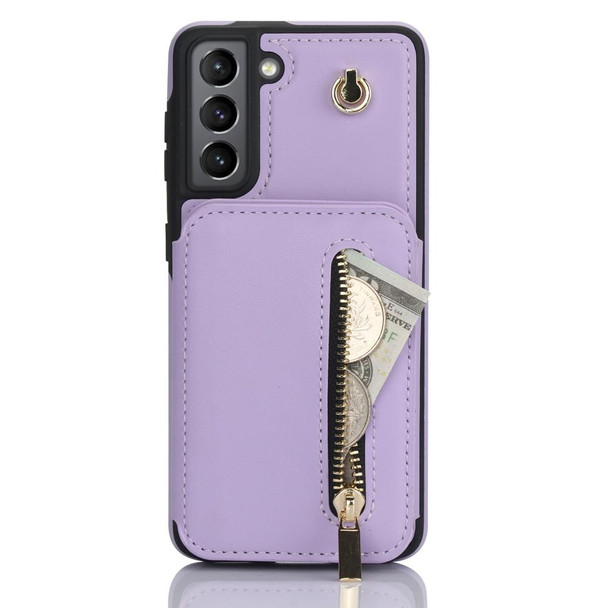 For Samsung Galaxy S21+ 5G YM006 Skin Feel Zipper Card Bag Phone Case with Dual Lanyard(Light Purple)