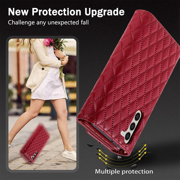 For Samsung Galaxy S21+ 5G Zipper Multi-Card Wallet Rhombic Leather Phone Case(Red)