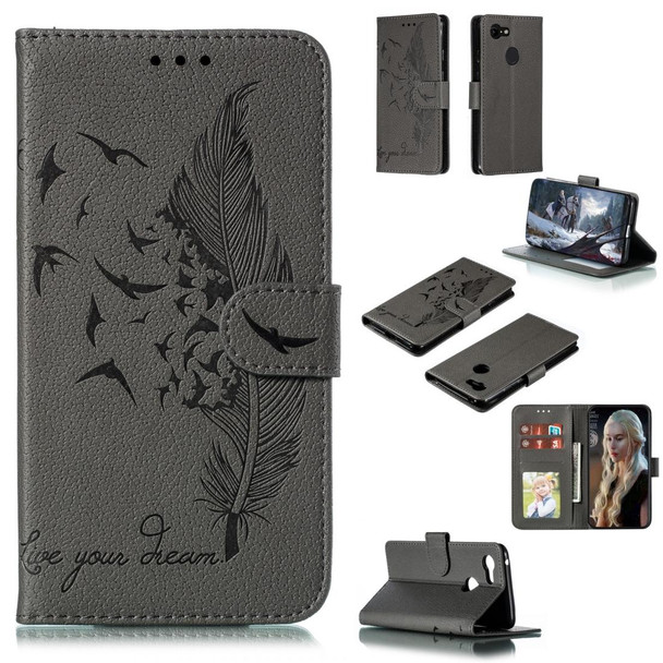 Feather Pattern Litchi Texture Horizontal Flip Leatherette Case with Wallet & Holder & Card Slots - Google Pixel 3(Gray)