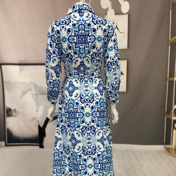 Ladies Printed Big Hem Shirt Tie Long Dress, Size: L(Blue)