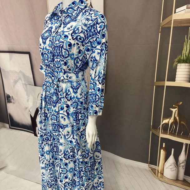 Ladies Printed Big Hem Shirt Tie Long Dress, Size: XXL(Blue)