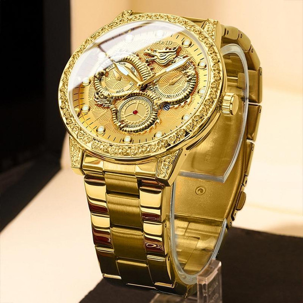 BINBOND B3030 Embossed Dragon Luminous Waterproof Quartz Watch, Color: Brown Leather-Full-gold-Gold