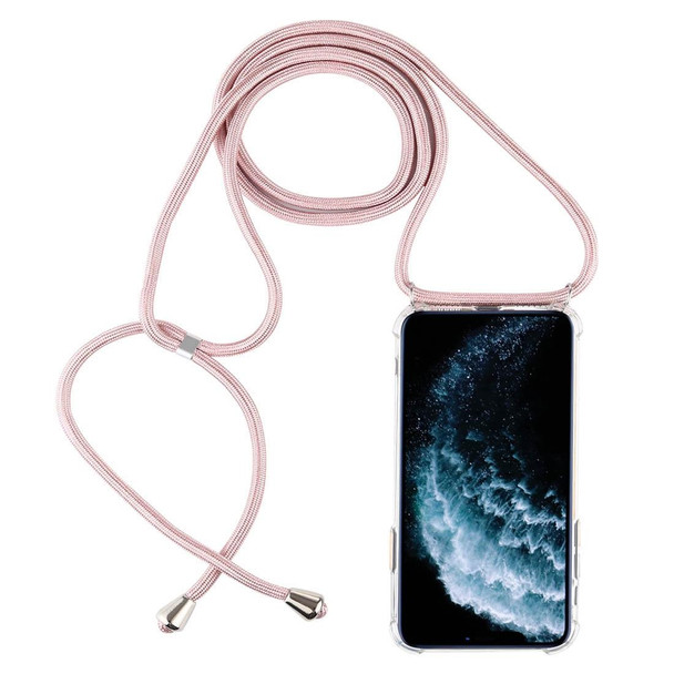 Four-Corner Anti-Fall Trasparent TPU Mobile Phone Case With Lanyard for iPhone 11 Pro Max(Rose Gold)