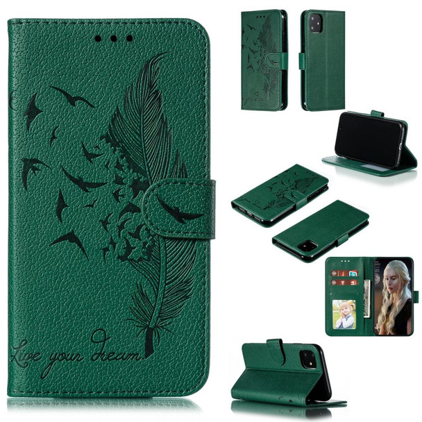 Feather Pattern Litchi Texture Horizontal Flip Leatherette Case with Wallet & Holder & Card Slots - iPhone 11(Green)