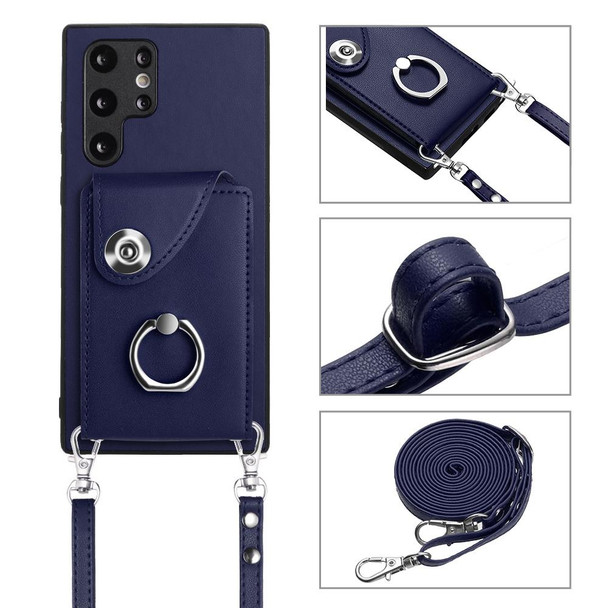 For Samsung Galaxy S22 Ultra 5G Organ Card Bag Ring Holder Phone Case with Long Lanyard(Blue)
