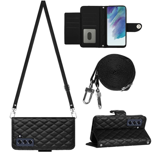 For Samsung Galaxy S21 FE 5G Rhombic Texture Flip Leather Phone Case with Long Lanyard(Black)