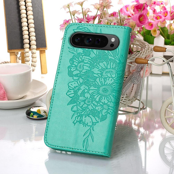 For Google Pixel 9 Pro Embossed Butterfly Leather Phone Case(Green)