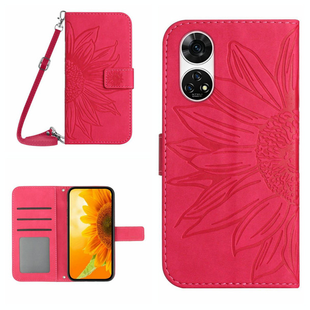 For ZTE Anshin Family A303ZT Skin Feel Sun Flower Pattern Leather Phone Case with Lanyard(Rose Red)