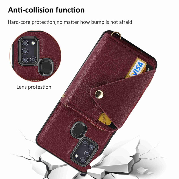 For Samsung Galaxy A21s Crossbody Zipper Card Bag RFID Anti-theft Phone Case(Wine Red)