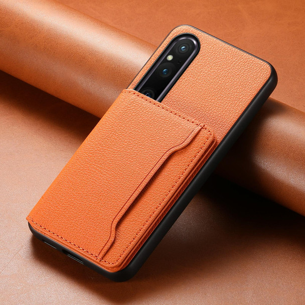 For Sony Xperia 1 V Calf Texture Card Bag Design Full Coverage Phone Case(Orange)