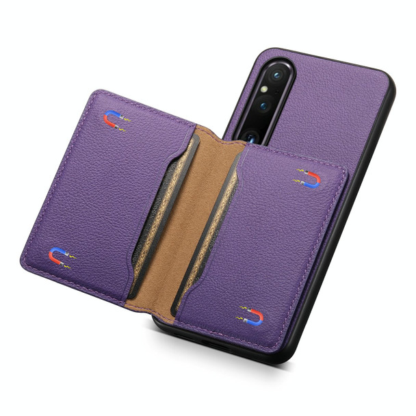 For Sony Xperia 1 V Calf Texture Card Bag Design Full Coverage Phone Case(Purple)