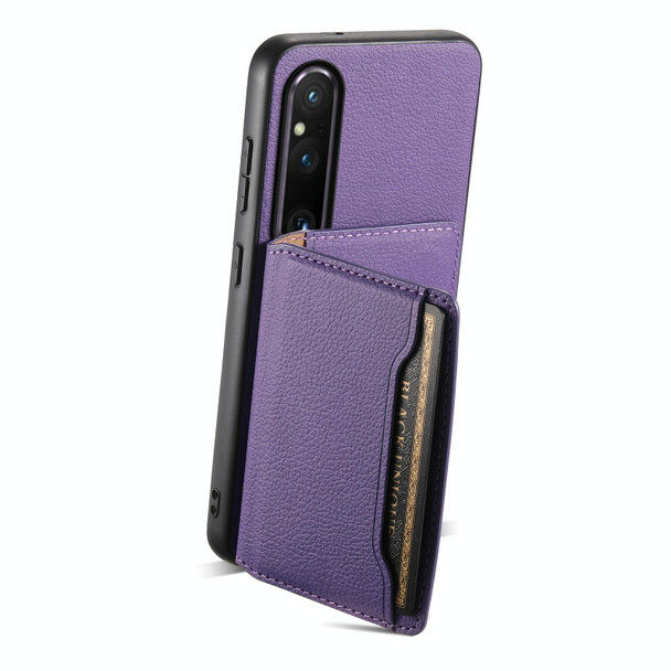 For Sony Xperia 1 V Calf Texture Card Bag Design Full Coverage Phone Case(Purple)