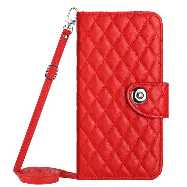 For Samsung Galaxy A12 / M12 Rhombic Texture Flip Leather Phone Case with Long Lanyard(Red)