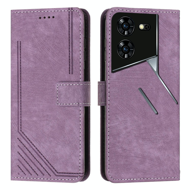 For Tecno Pova 5 Pro Skin Feel Stripe Pattern Leather Phone Case with Long Lanyard(Purple)