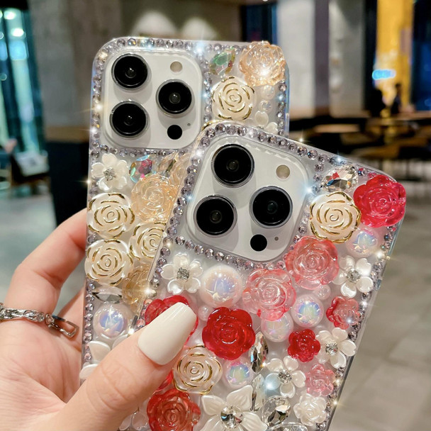 For iPhone 13 mini Rose Hand-set Pearl Diamond PC Phone Case(Blue)