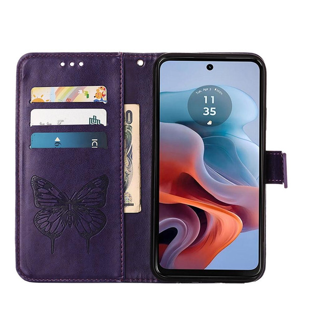 For Motorola Moto G34 Embossed Butterfly Leather Phone Case(Dark Purple)